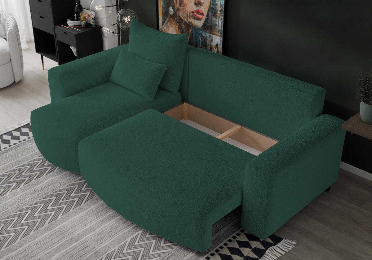 ECKSOFA Travis mit Bettkasten und Schlaffunktion, L-Form, Boucle, Universal - Dunkelgrün, Holzwerkstoff (248/148cm) - 4ALL HOME