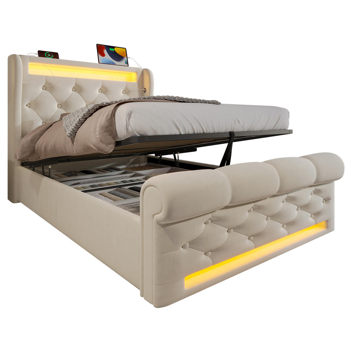 POLSTER EINZELBETT 90x200cm mit LED USB-C & Hydraulik Stauraum Beige - Beige, Holz (90/200cm) - FLIEKS