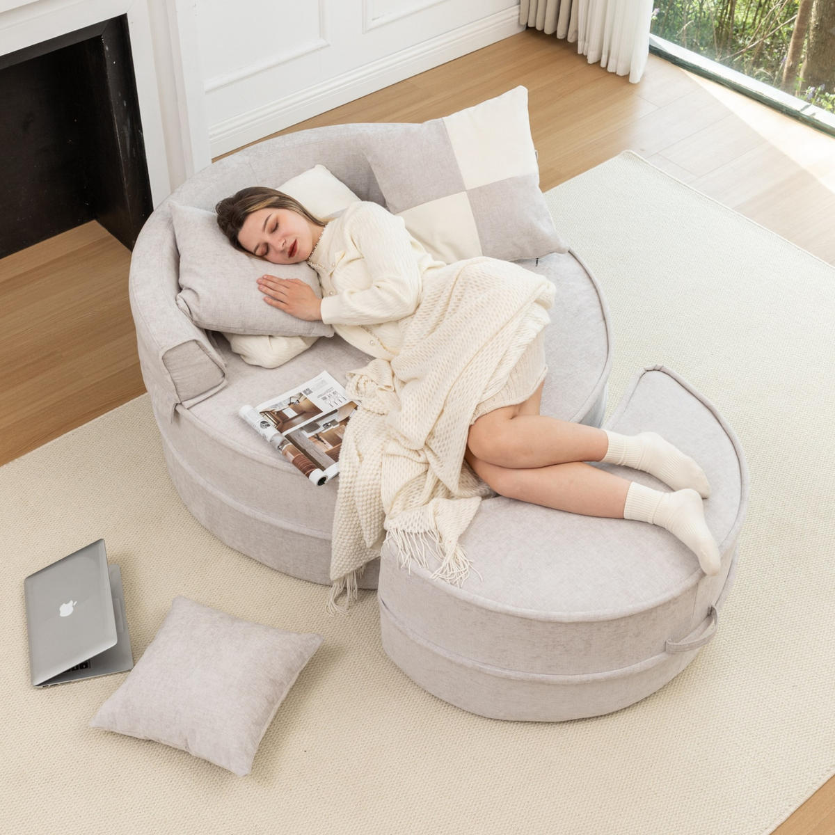 SESSEL rund mit Ottomane 121 x 107 cm Chenille Grey - Grau, Kunststoff (121/66/163cm) - Meubliv