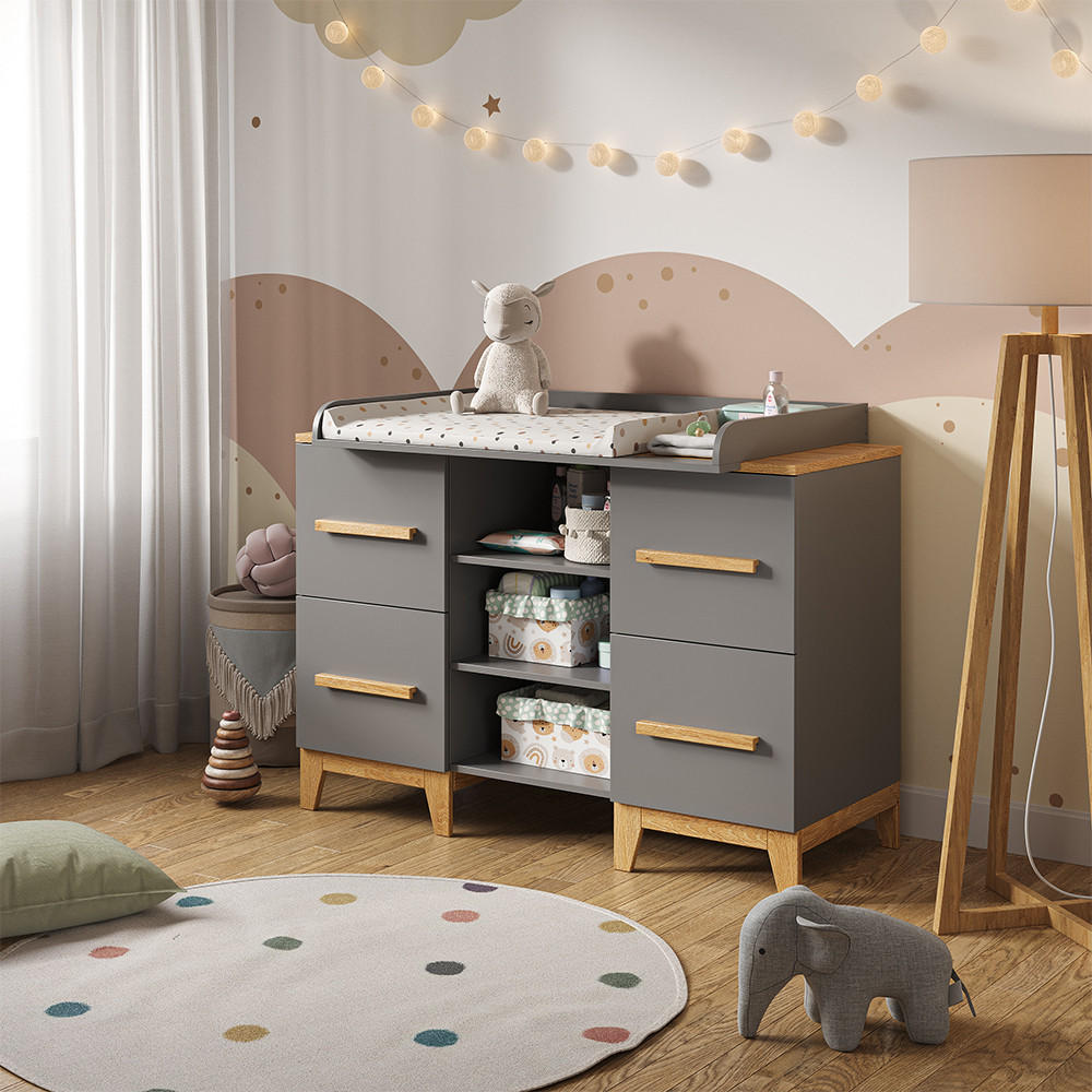 WICKELKOMMODE Malia Grau 133 x 98 cm XL mit 4 Schubladen - Eichefarben/Grau, Holzwerkstoff (133/108/70cm) - VitaliSpa