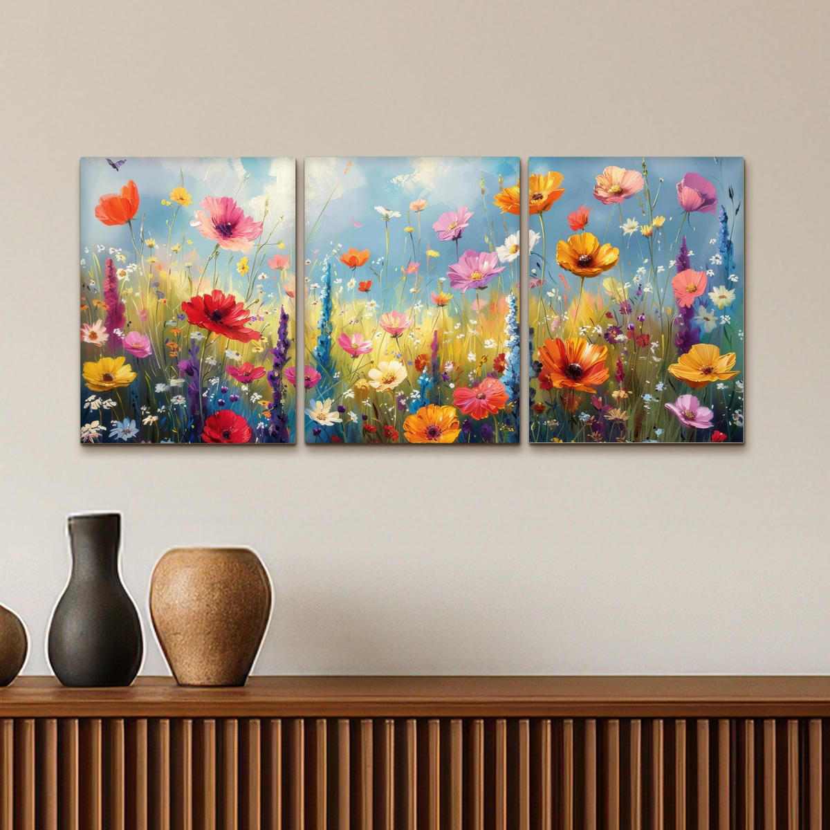 LEINWANDBILD 3er Set Blumen - Frühling - Farbenfroh - Sommerlich 90x40 cm - Orange, Textil (90/40cm) - MuchoWow