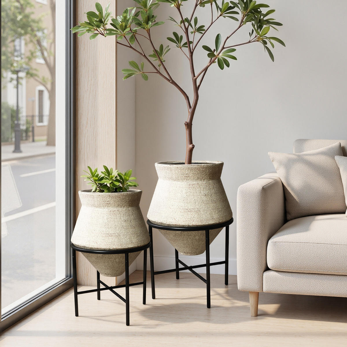 BLUMENTOPF Set 2er aus Eisen, Durchmesser 31& 25cm - Beige, Metall (40/62/40cm) - Hometopia