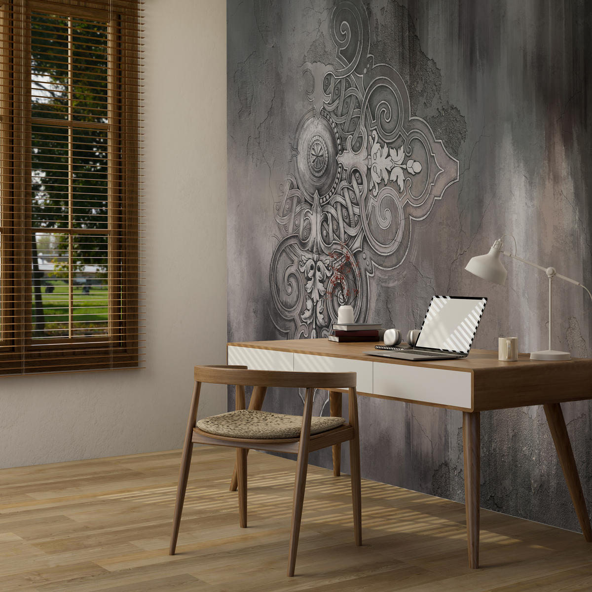 FOTOTAPETE für Wohnzimmer Retro Ornament Betonwand 250x175 - Schwarz/Braun, Papier (250/175cm) - Muralo