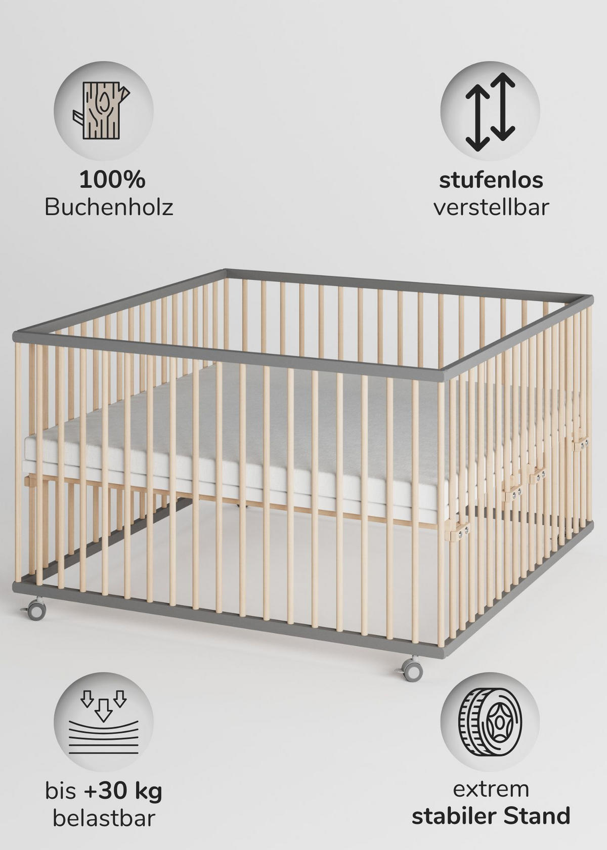 LAUFGITTER XXL 120x120 cm mit Matratze SleepPlus & Schlupfsprossen - grau/natur - Premium Kollektion - Naturfarben/Grau, Holz (120/74/120cm) - Sämann – make a difference.