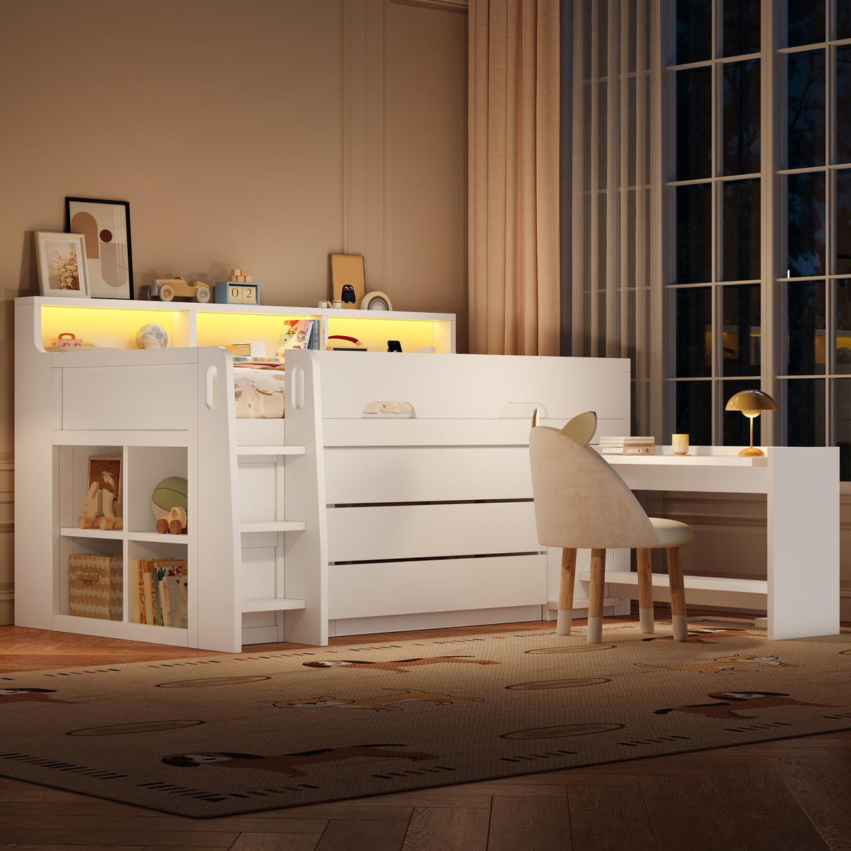 HOCHBETT 90/200 cm in Weiß Kinderbett mit 3 Schubladen, Regal, Schreibtisch, LED und USB - Weiß, Holzwerkstoff (90/200cm) - STILVORA