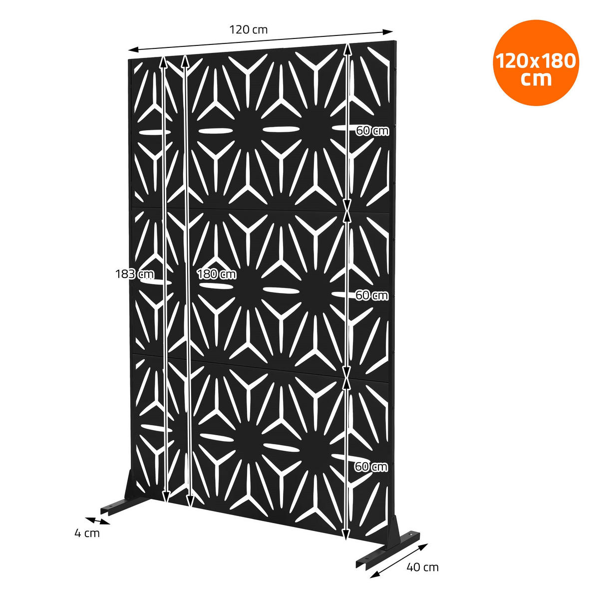 METALL-SICHTSCHUTZ Torino 120x180 cm Schwarz aus Stahl - Schwarz, Metall (120/183cm) - ML-DESIGN