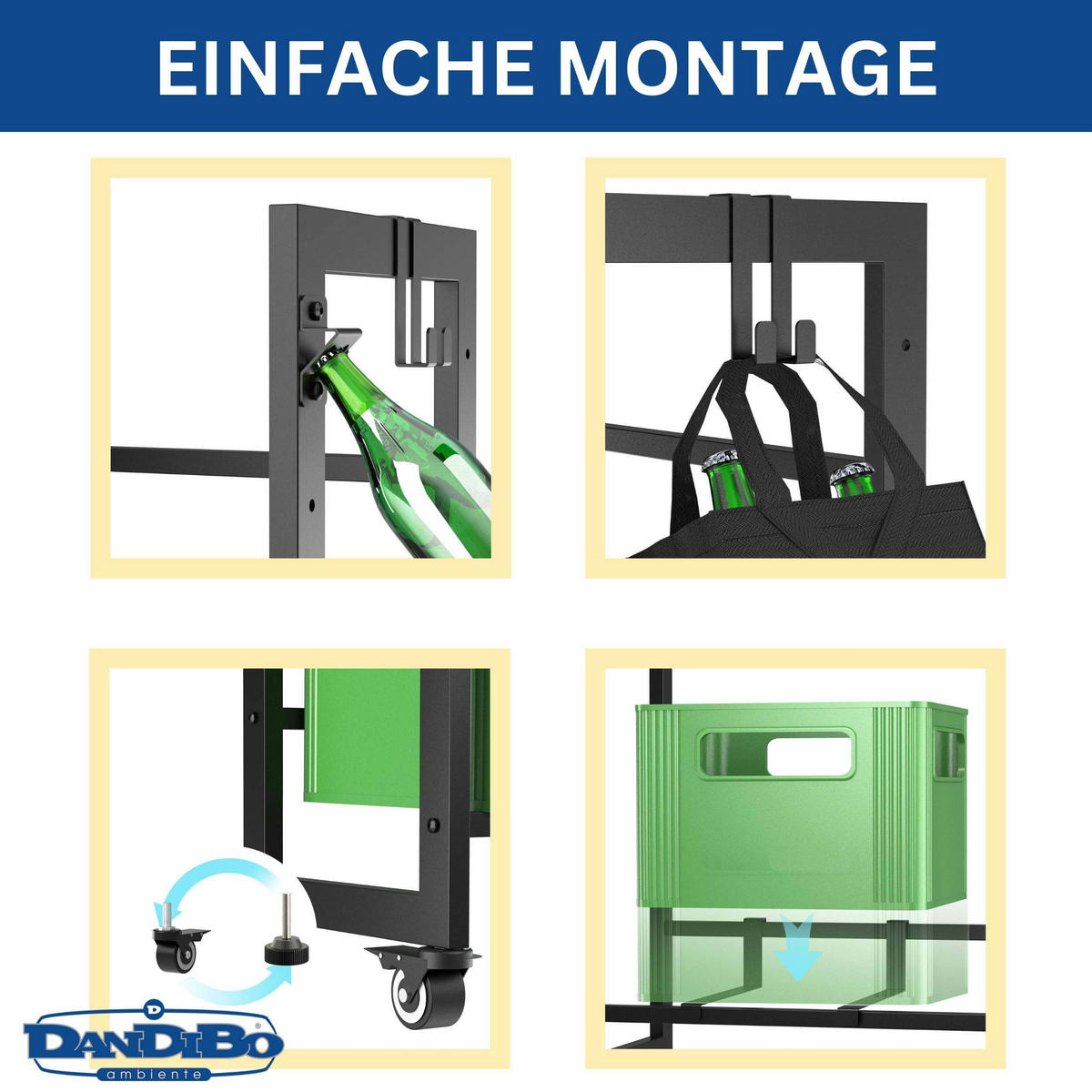 GETRÄNKEKISTENREGAL 6 Kisten mit Gitter Haken Rollen Metall Schwarz - Schwarz, Metall (110/97/32cm) - DanDiBo