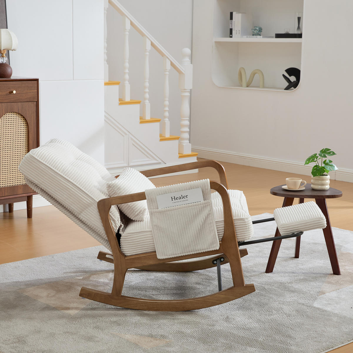 SCHAUKELSTUHL Relaxsessel mit Fußstütze,verstellbarer Rückenlehne,Cord,Beige - Beige, Textil (70/92/80cm) - LVHOM