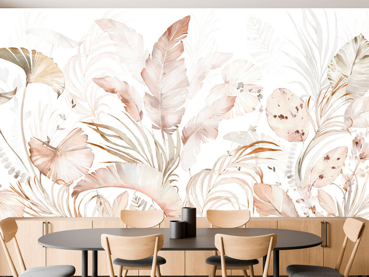 FOTOTAPETE für Esszimmer Beige Palmenblätter Tropisch Boho 250x175 - Beige/Orange, Papier (250/175cm) - Muralo