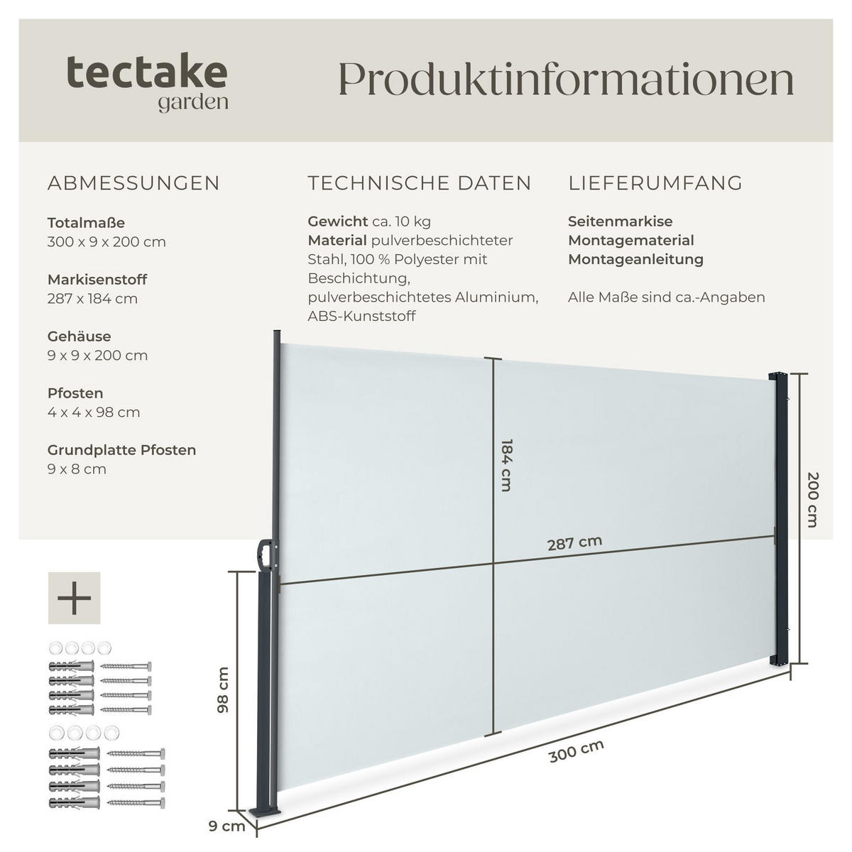 SEITENMARKISE , ausziehbar, mit Aufrollmechanismus, grau - Grau, Kunststoff (300/200/9cm) - tectake
