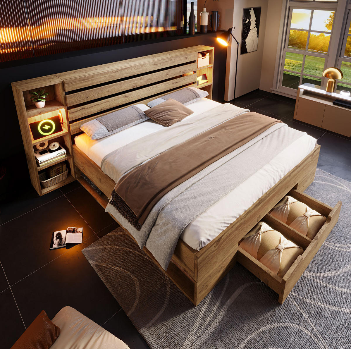 STAURAUMBETT 160/200 cm aus Holz und Metall mit LED-Beleuchtung, USB-C, Kopfteilablagen und 2 Schubladen,und Matratze, Eiche - Eichefarben, Metall (160/200cm) - Redom