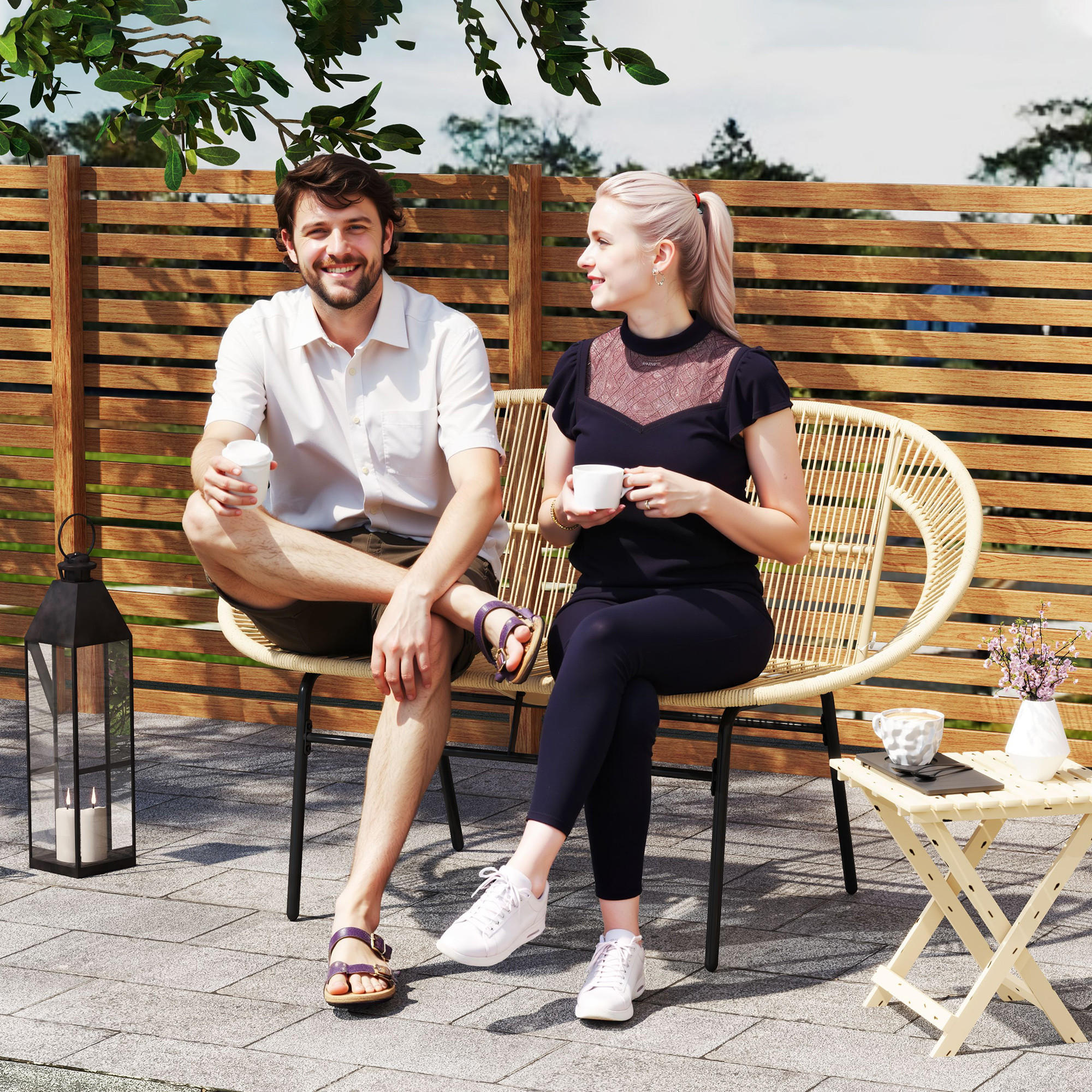 GARTENBANK 2-Sitzer im Rattanflecht-Design - Beige, Metall (72/83/126cm) - Outsunny