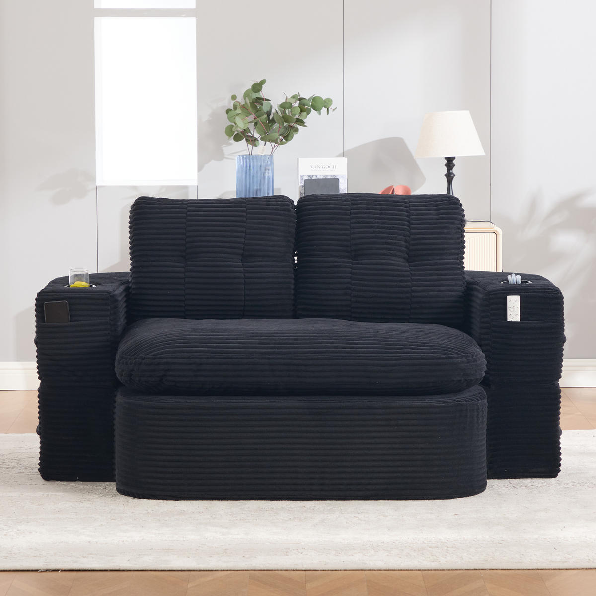 SOFA it Liegefunktion aus Cord mit verstellbaren Armlehnen und Getränkehaltern in Schwarz - Schwarz, Textil (165/61/97cm) - EVRYAE