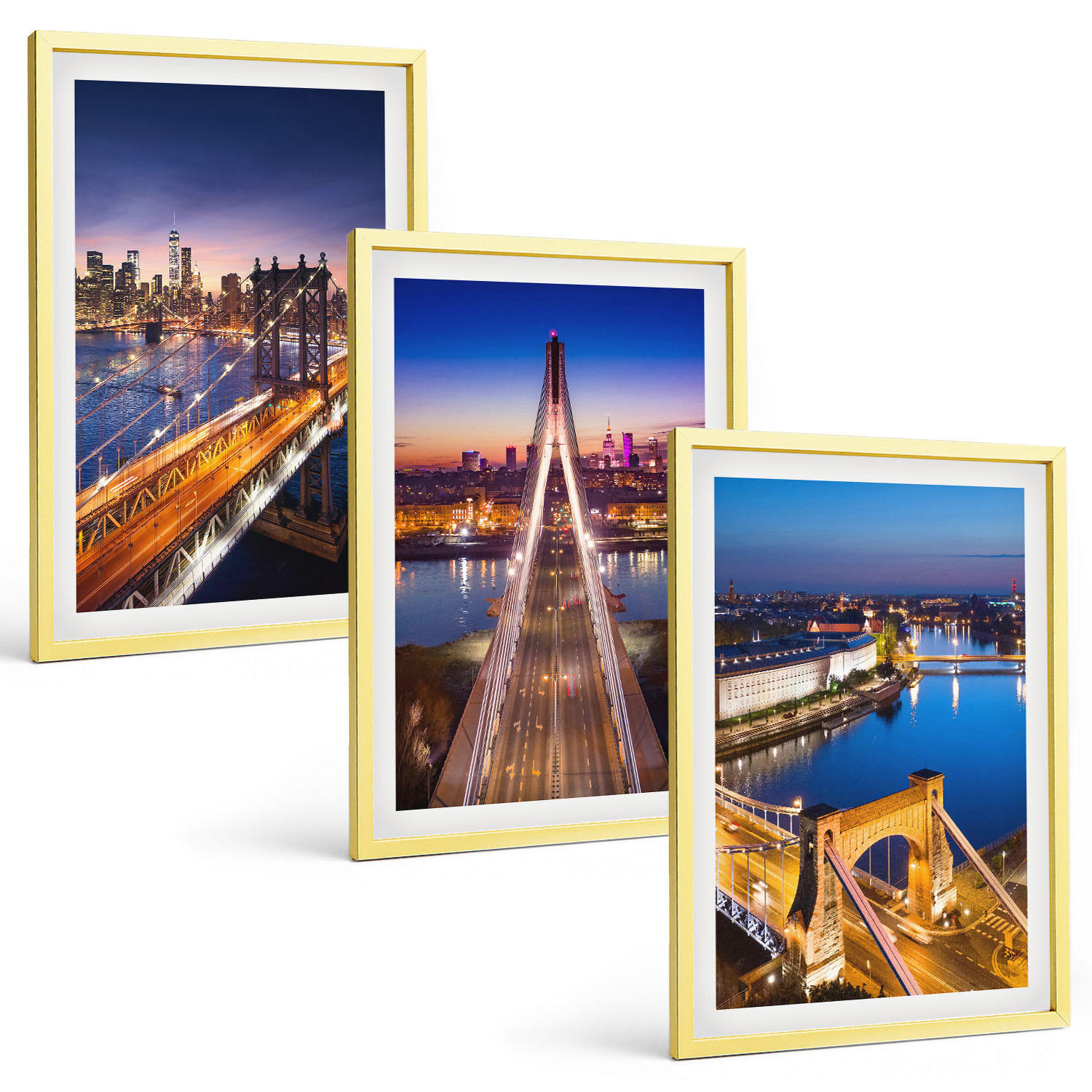 BILDER SET 3er Set - 40x60 cm Goldrahmen - Städte bei Nacht, Brücken, Flüsse - Goldfarben, Kunststoff (40/60cm) - TULUP