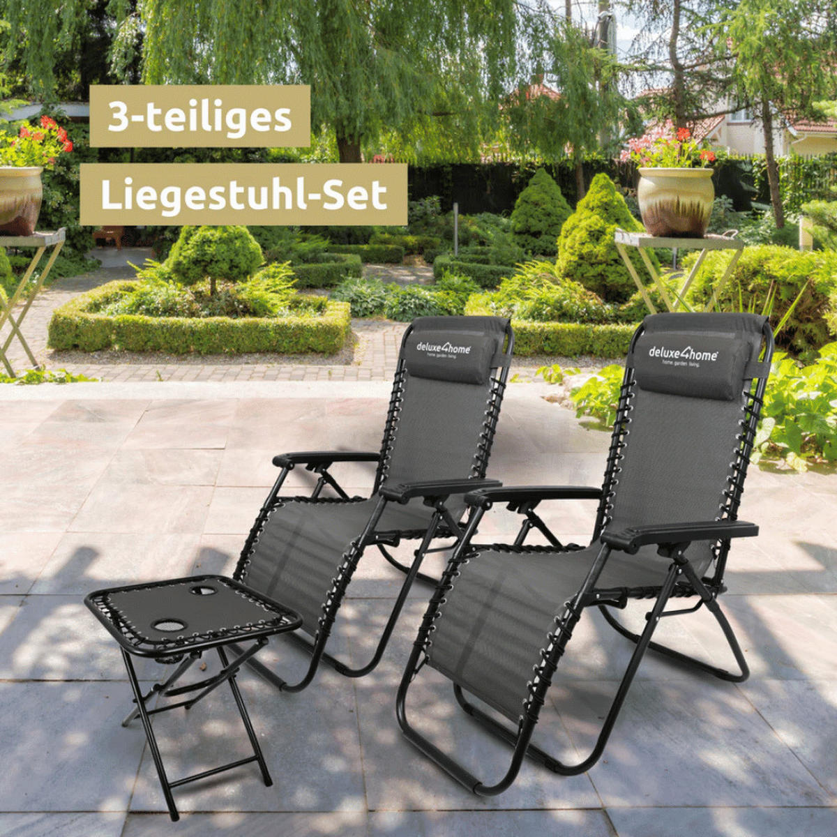 LIEGESTUHL Klappbar 2er Set BRUK mit Klapptisch Anthrazit - Anthrazit, Metall (65/77/86cm) - DELUKE