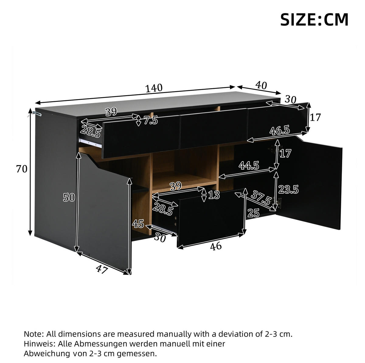 SIDEBOARD aus Spanplatte 140x40x70 cm Schwarz und Naturholzfarbe mit LED-Beleuchtung - Schwarz, Holzwerkstoff (140/70/40cm) - IVMEU