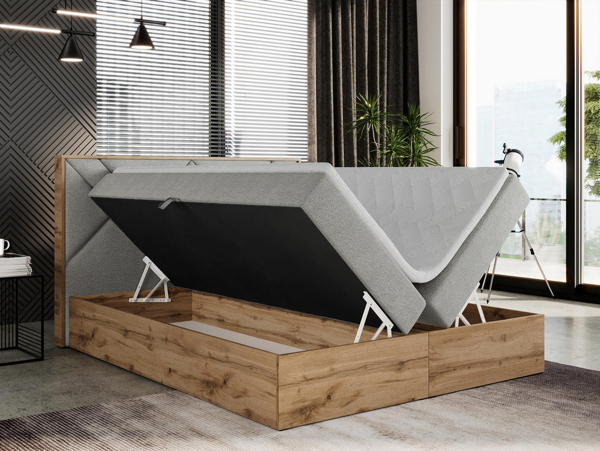 BOXBETT GUNAR - 160/200 Hellgrau Struktur - H4 - Hellgrau, Holz/Textil (160/200cm) - MKS