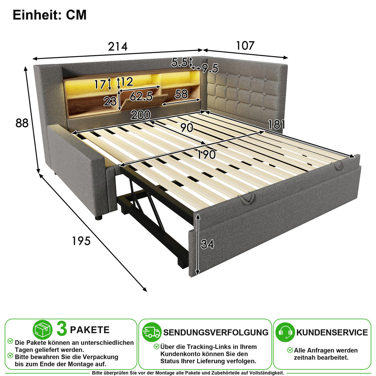 POLSTERBETT 90/200 cm in Grau mit Ausziehbett, LED und USB aus Leinen - Grau, Holzwerkstoff/Textil (90/200cm) - CHICFURN