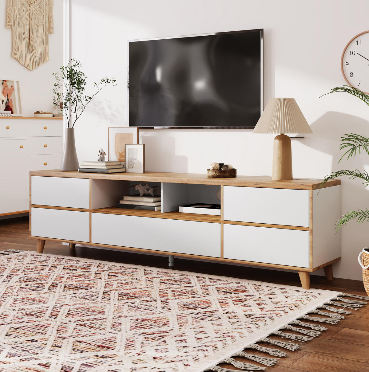 TV-ELEMENT mit 4 Türen 175 x 37 x 51 cm MDF Weiß und Holzoptik - Weiß, Holzwerkstoff (37/51/175cm) - Beauniv