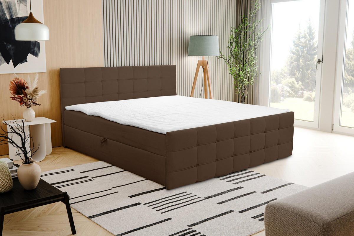 BOXBETT NATALIE mit 2 Bettkästen, 160x200, Farbe: Braun, Velourstoff, mit Bonell-Matratze inkl. Topper - Braun, Holz/Kunststoff (160/200cm) - VENASI MÖBEL