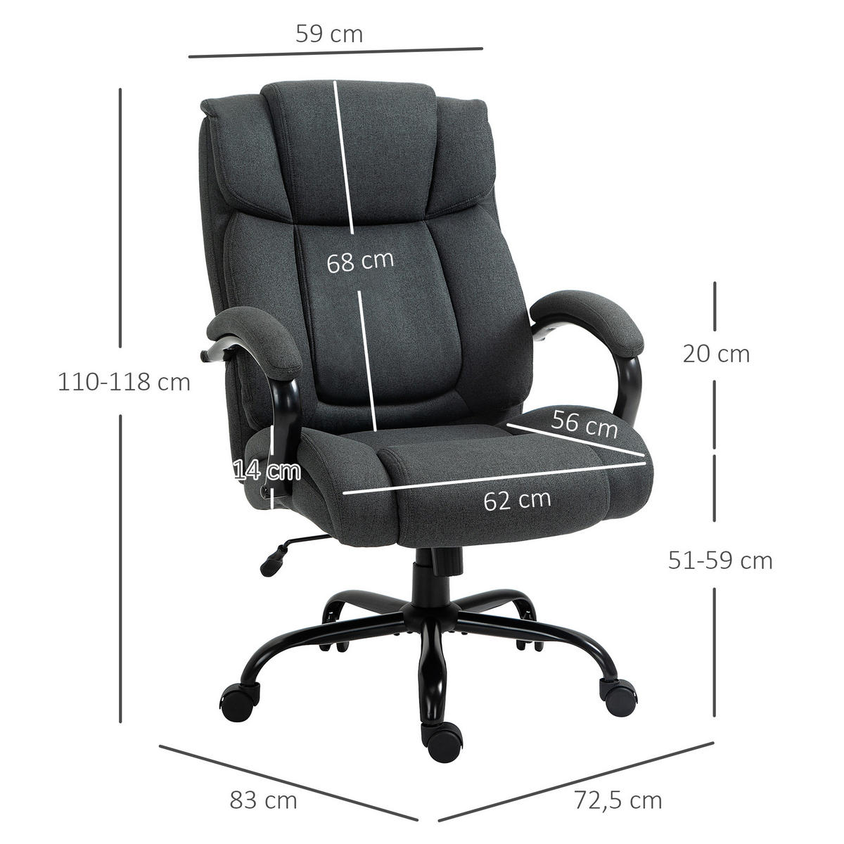 BÜROSTUHL, Ergonomischer Schreibtischstuhl, Drehstuhl mit gepolsterter Armlehne - Dunkelgrau/Schwarz, Textil/Metall (72.5/118/80cm) - Vinsetto