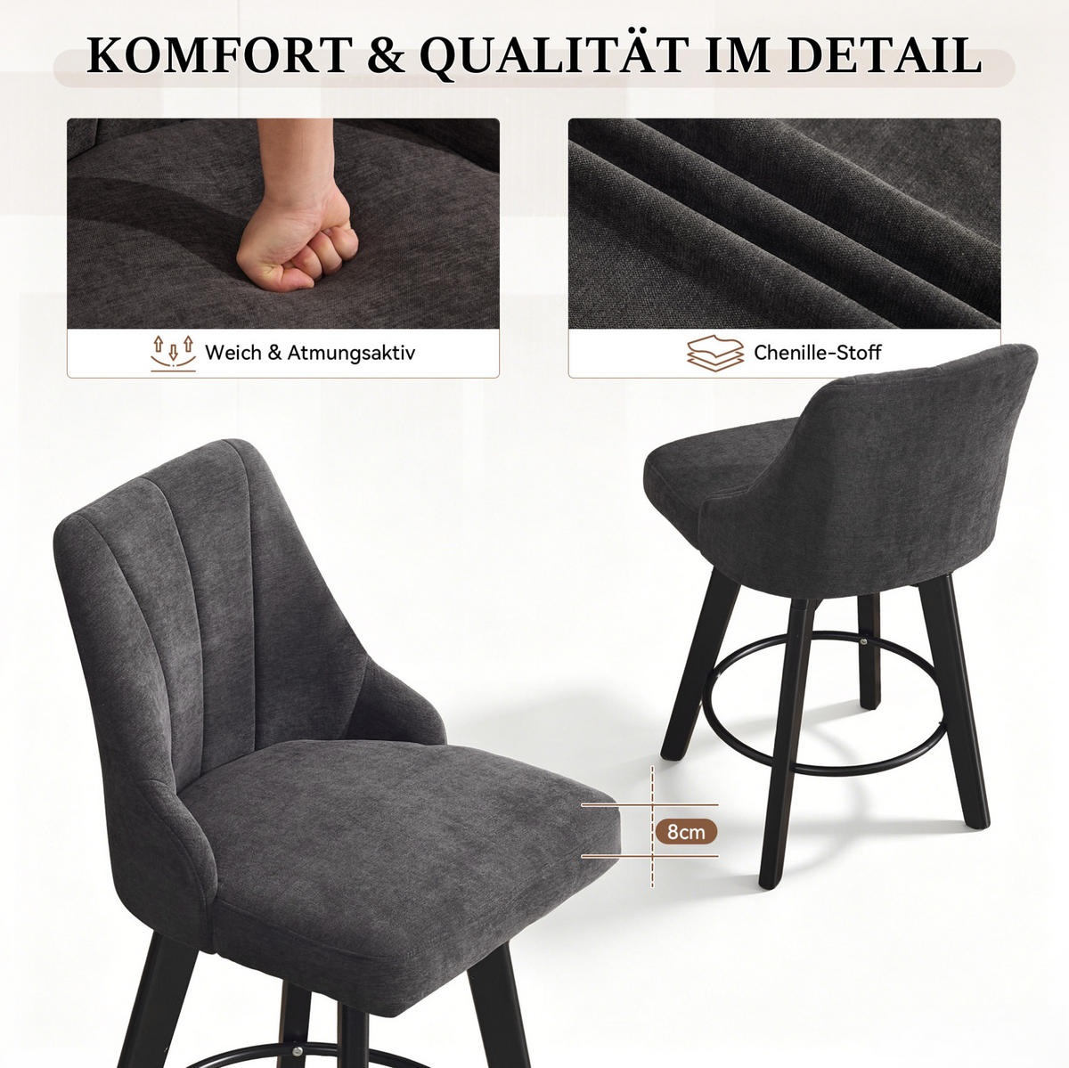 BARHOCKER drehbar mit Rückenlehne 53 x 53,5 x 94,5 cm Grau 2er-Set - Grau, Metall (53/94.5/53.5cm) - Meubliv