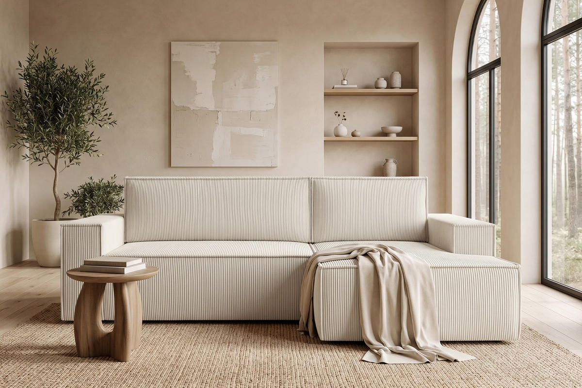 ECKSCHLAFSOFA-RECHTS NAPI in Pet Friendly Cord-Stoff, ecrufarben - Creme/Schwarz, Textil (262/148cm) - KONSIMO®