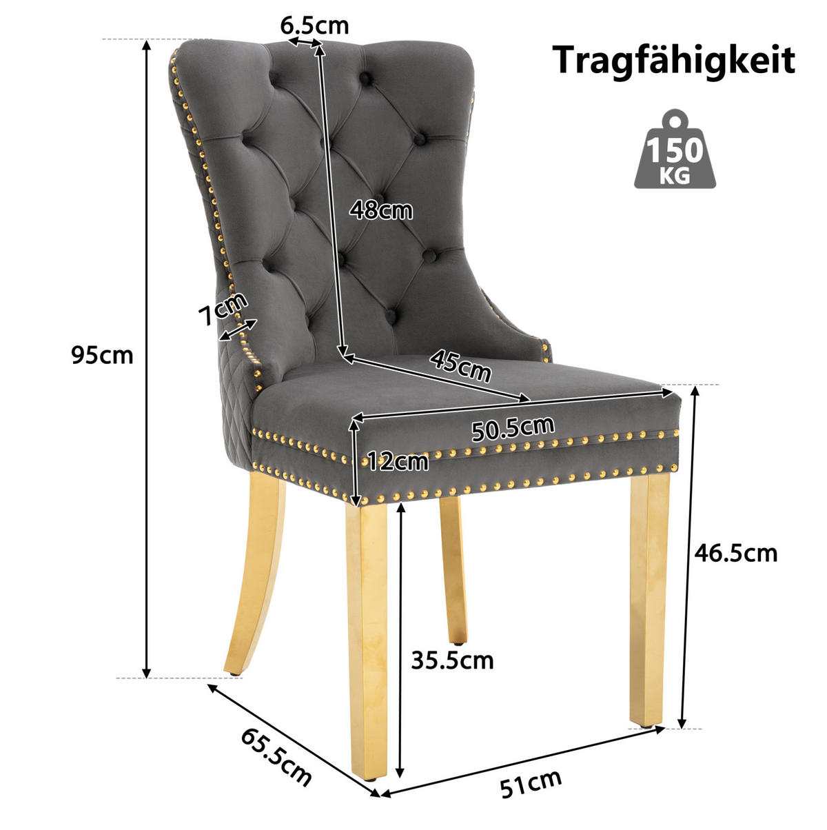 ESSZIMMERSTUHL 2er-Set Samt mit Zugring 50,5 x 45 x 95 cm Grau/Gold - Grau, Metall (45/95/50.5cm) - Meubliv