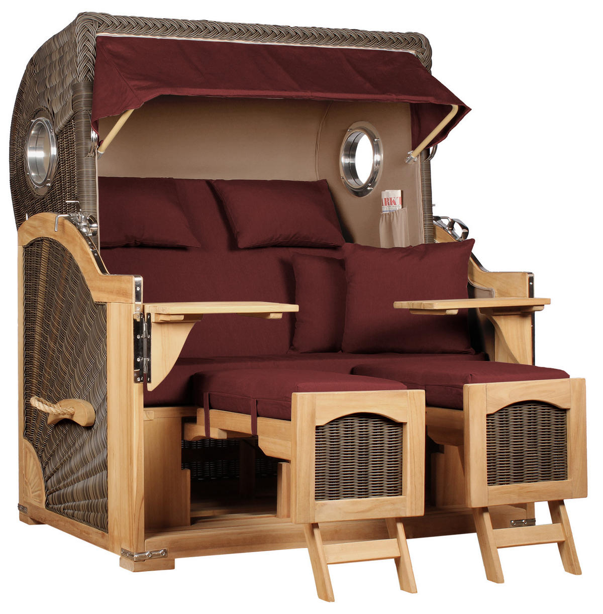 STRANDKORB Düne Grande Bullauge Teak PE Grey Dessin 550 - Rot/Braun, Metall (142/170/95cm) - Mr. Deko