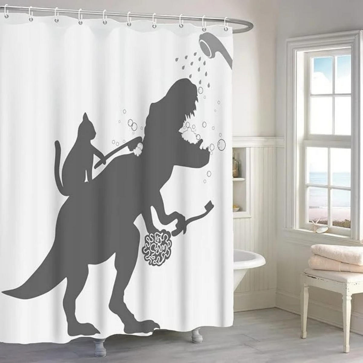 DUSCHVORHANG Weiß Katze Dinosaurier niedlich waschbar Stoff mit Haken - Weiß, Textil (180/180cm) - MCBOSON