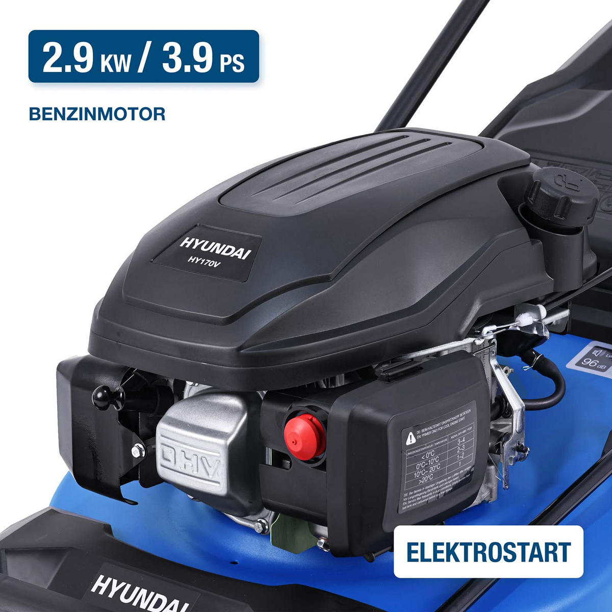 BENZIN-RASENMÄHER LM4623G ES (Mäher/Mulcher mit Radantrieb & E-Start, 3.9 PS Hyundai Motor) - Blau, Metall (52.8/105/138.3cm) - HYUNDAI