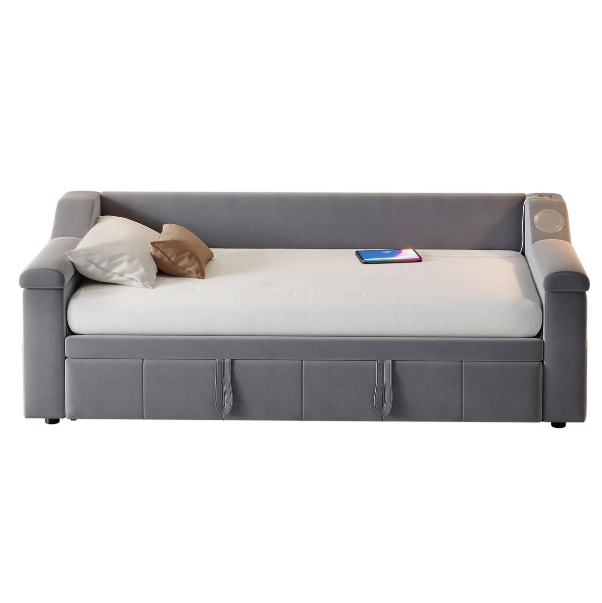 SCHLAFSOFA aus Samtstoff 90/180x190 cm Grau mit Bluetooth-Stereo, USB-Anschluss, Ablagefächern und Lattenrost - Grau, Textil (216/69/97cm) - Modfu