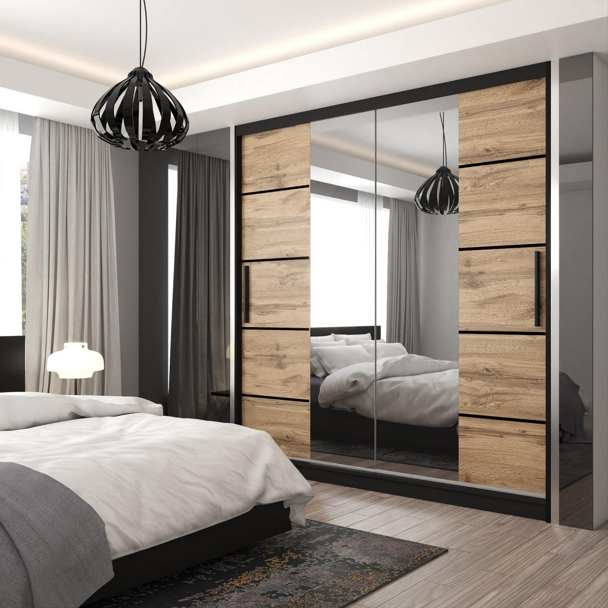 SCHWEBETÜRENSCHRANK Verona ME, Schwarz/Goldbraun Matt, 200 cm, mit Spiegel - Braun, Holz (200/216/60cm) - B BELINI GROUP