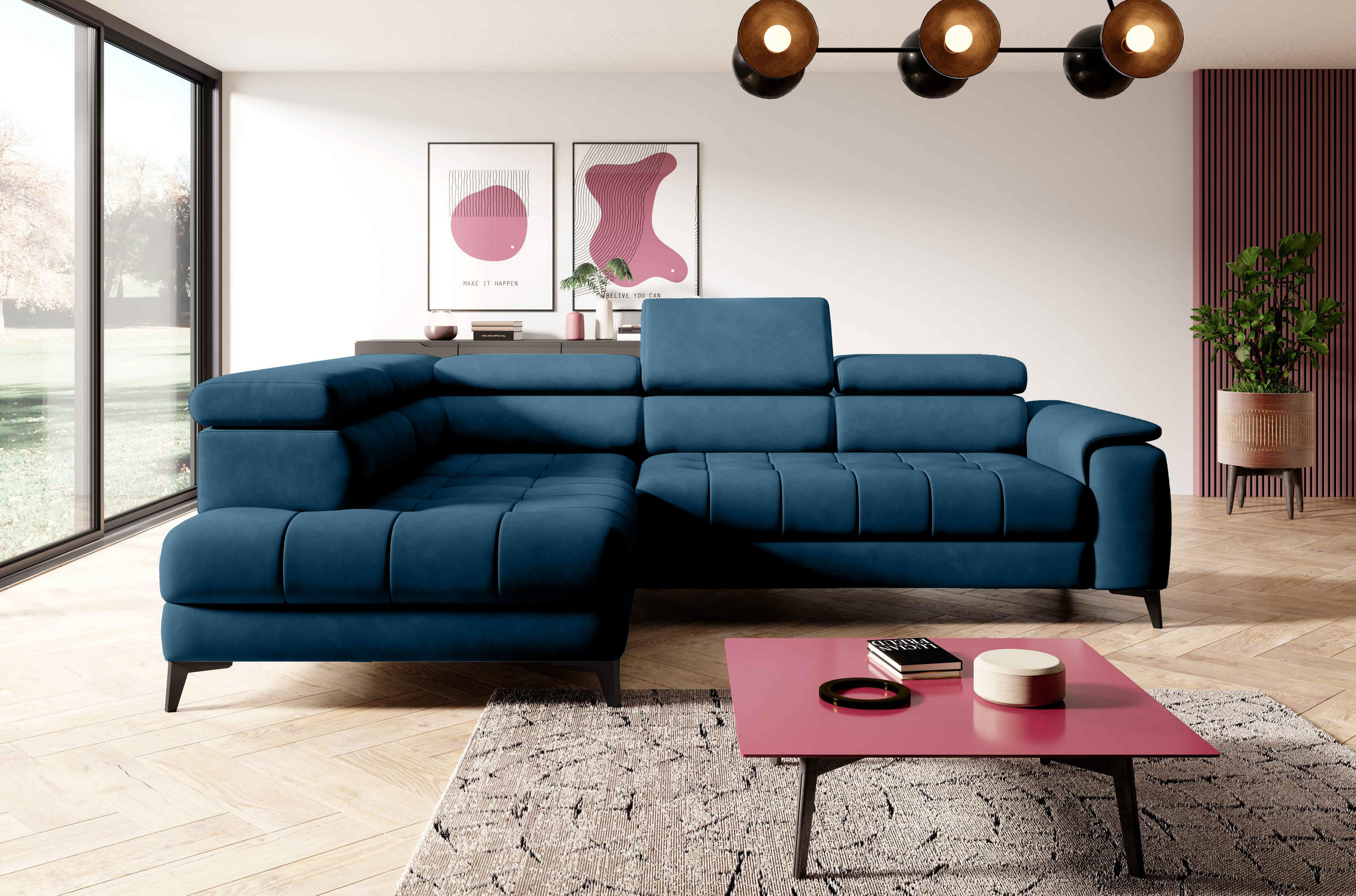 ECKSOFA CHIVAS Freistehend , Schlaffunktion, 278×197×76/98 cm, Stoff - Element, Königsblau, Linke Seite - Schwarz/Dunkelblau, Holz/Textil (278/197cm) - DomoHome