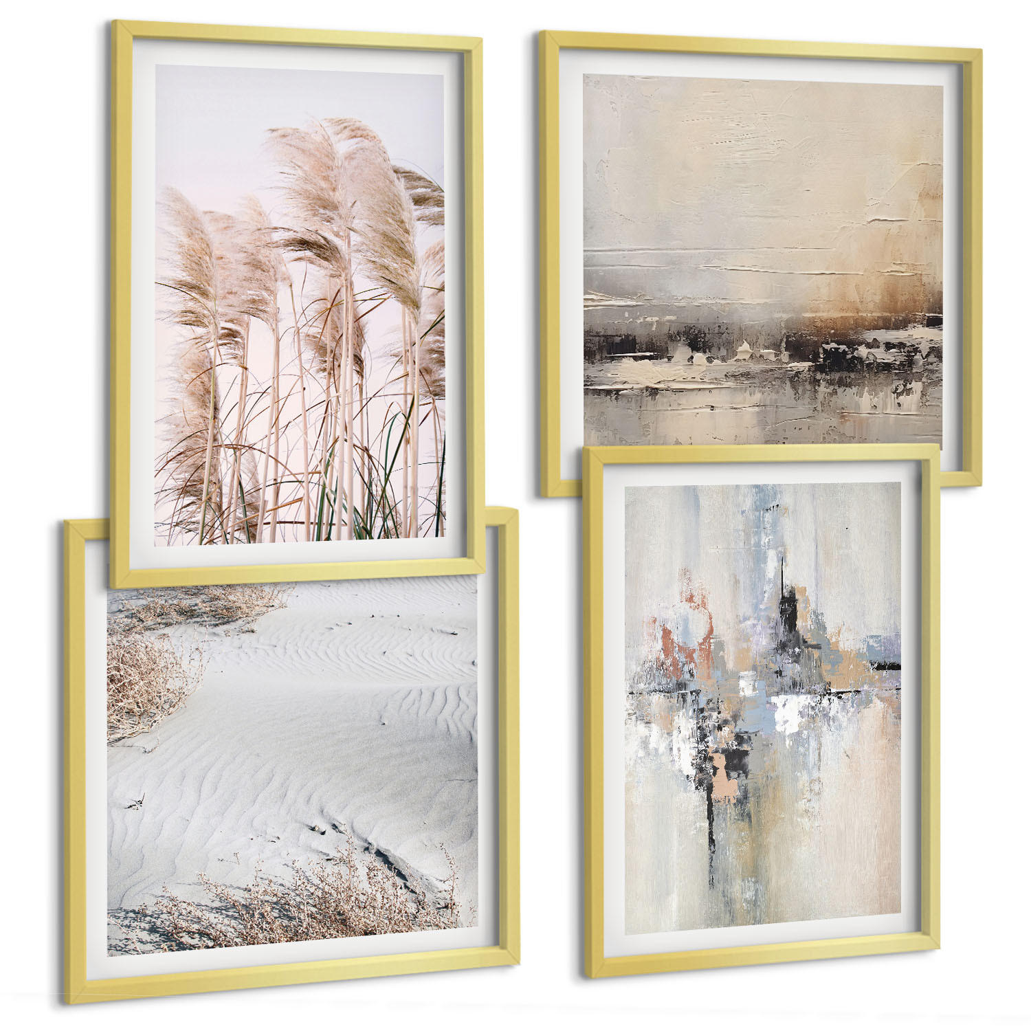 BILDER SET 4er Set - 50x50 cm & 40x60 cm Goldrahmen - Abstrakte Vegetationsmuster - Goldfarben, Kunststoff (50/50cm) - TULUP
