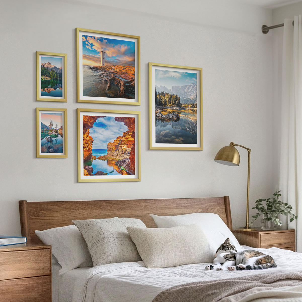 WANDBILDER 5er Set - 50x50 cm & 20x30 cm & 40x60 cm Goldrahmen - Aussicht Paris New York Treppen - Goldfarben, Kunststoff (40/60cm) - ArtPrintCave