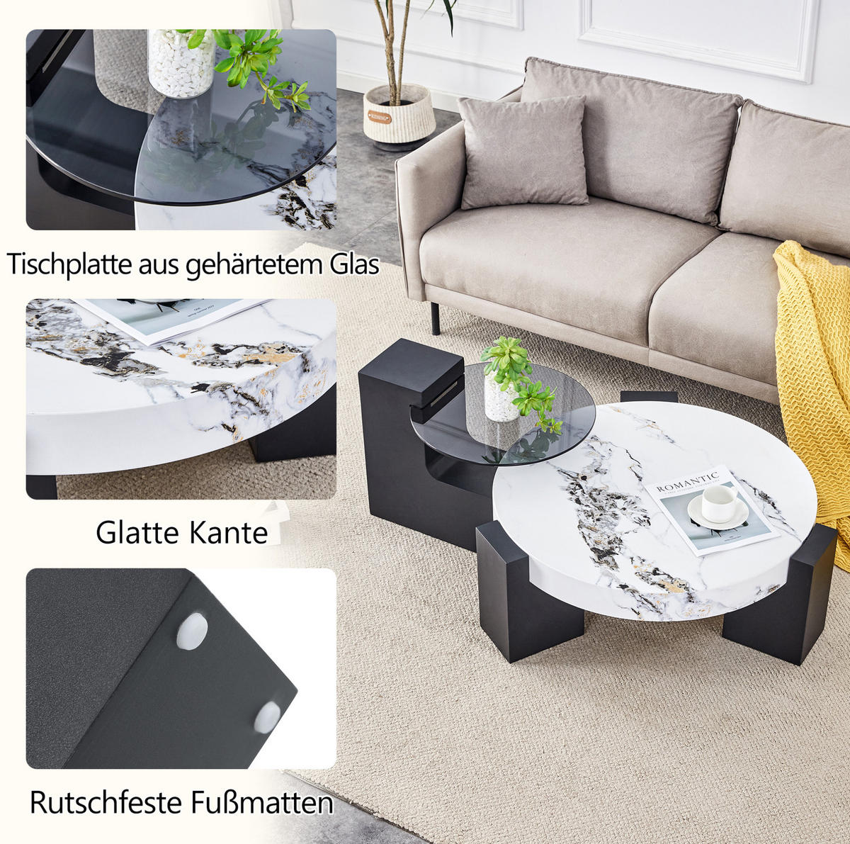 BEISTELLTISCH-SET 61/61/30 und 44/44/44 cm, zerlegbar mit Marmor-Optik, MDF und Glas, Weiß/Schwarz - Schwarz, Holzwerkstoff (61/61/30cm) - Redom