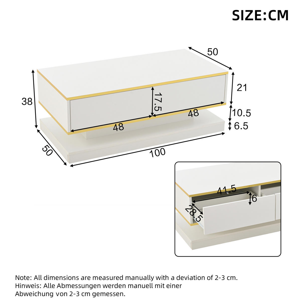 KLUBSKI stolić 100/50/38 cm toplo bijeli od iverala s 2 ladice i visokim sjajem - bijela, drvni materijal (100/50/38cm) - OKWISH
