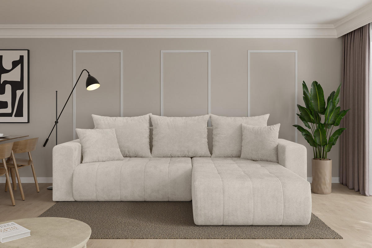 ROHOVÁ SEDAČKA s funkcí spaní, otoman vpravo MILA-L 277x194x86 krémová manšestr - černá/krémová, kompozitní dřevo/textil (277/194cm) - ALTDECOR