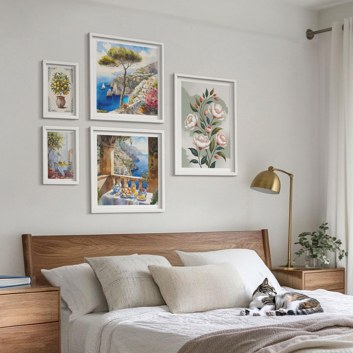 BILDER SET 5er Set - 50x50 cm & 20x30 cm & 40x60 cm Weißer Rahmen - Blick auf das Meer aus Zitronenbäumen - Weiß, Kunststoff (40/60cm) - TULUP