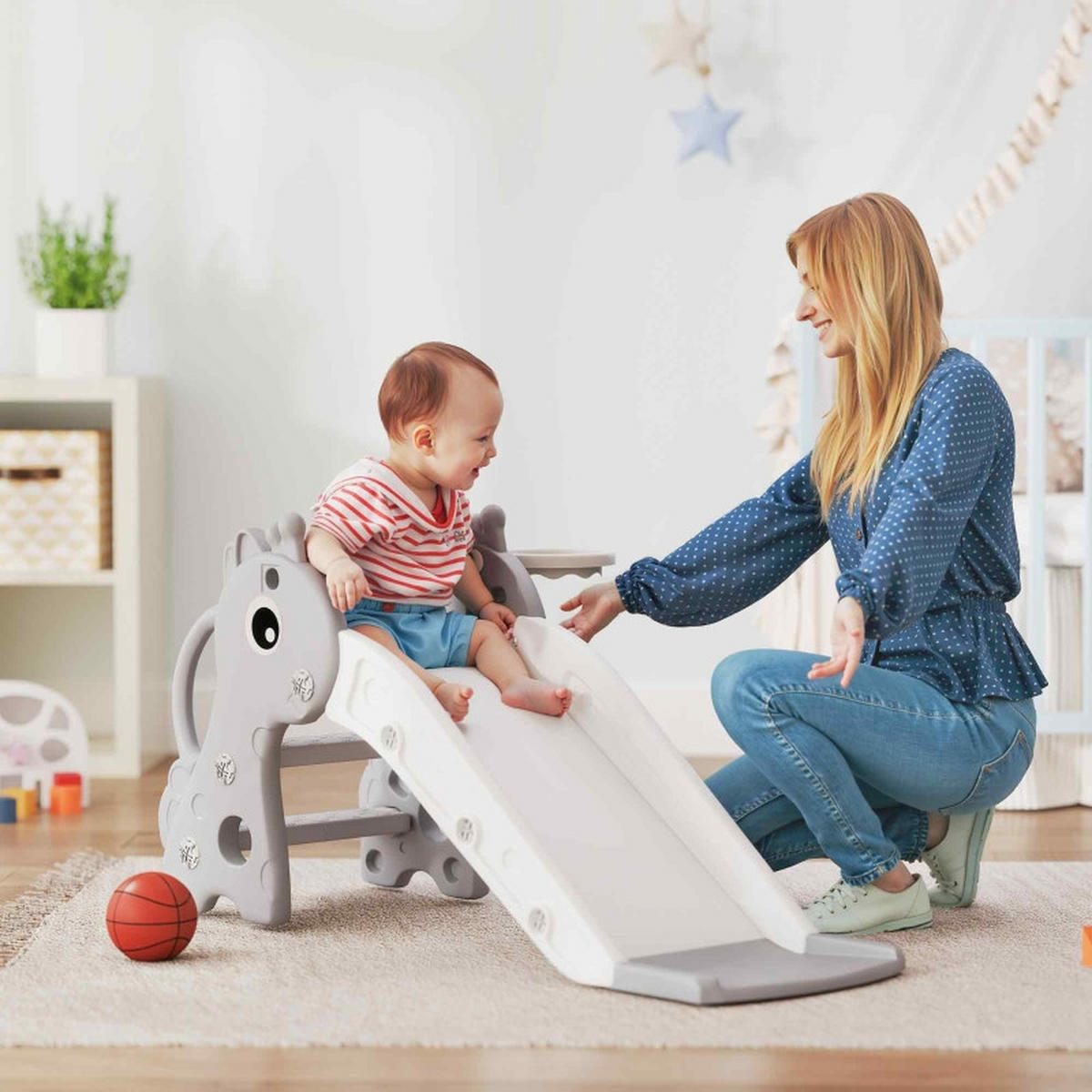 KINDERRUTSCHE 3-in-1 und Basketballkorb Grau - Grau, Kunststoff (51.5/52/106cm) - Korfee