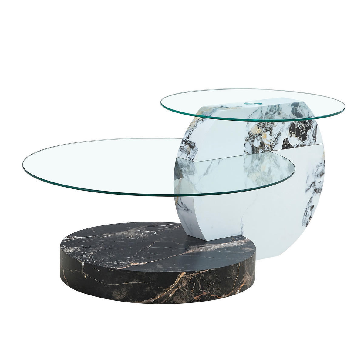 COUCHTISCH aus MDF 90x70x44 cm und Sicherheitsglas Weiß/Schwarz in Marmoroptik mit zwei Ablageebenen - Weiß, Holzwerkstoff (90/70/44cm) - IVMEU