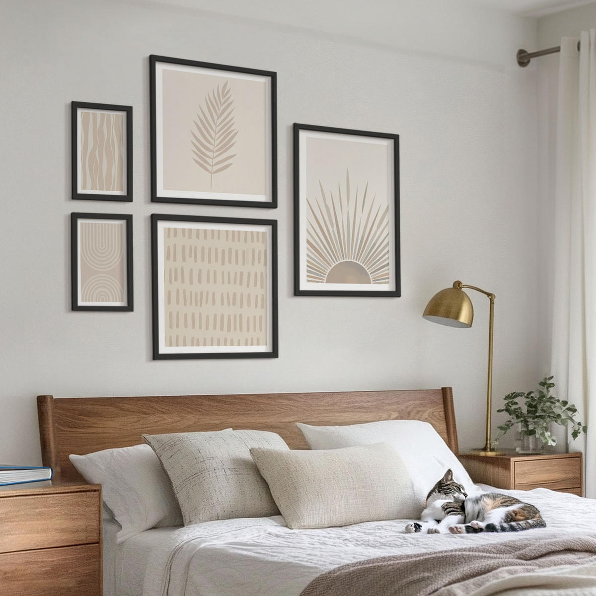 BILDER SET 5er Set - 50x50 cm & 20x30 cm & 40x60 cm Schwarzer Rahmen - Beige Pflanzenmuster - Schwarz, Kunststoff (40/60cm) - TULUP
