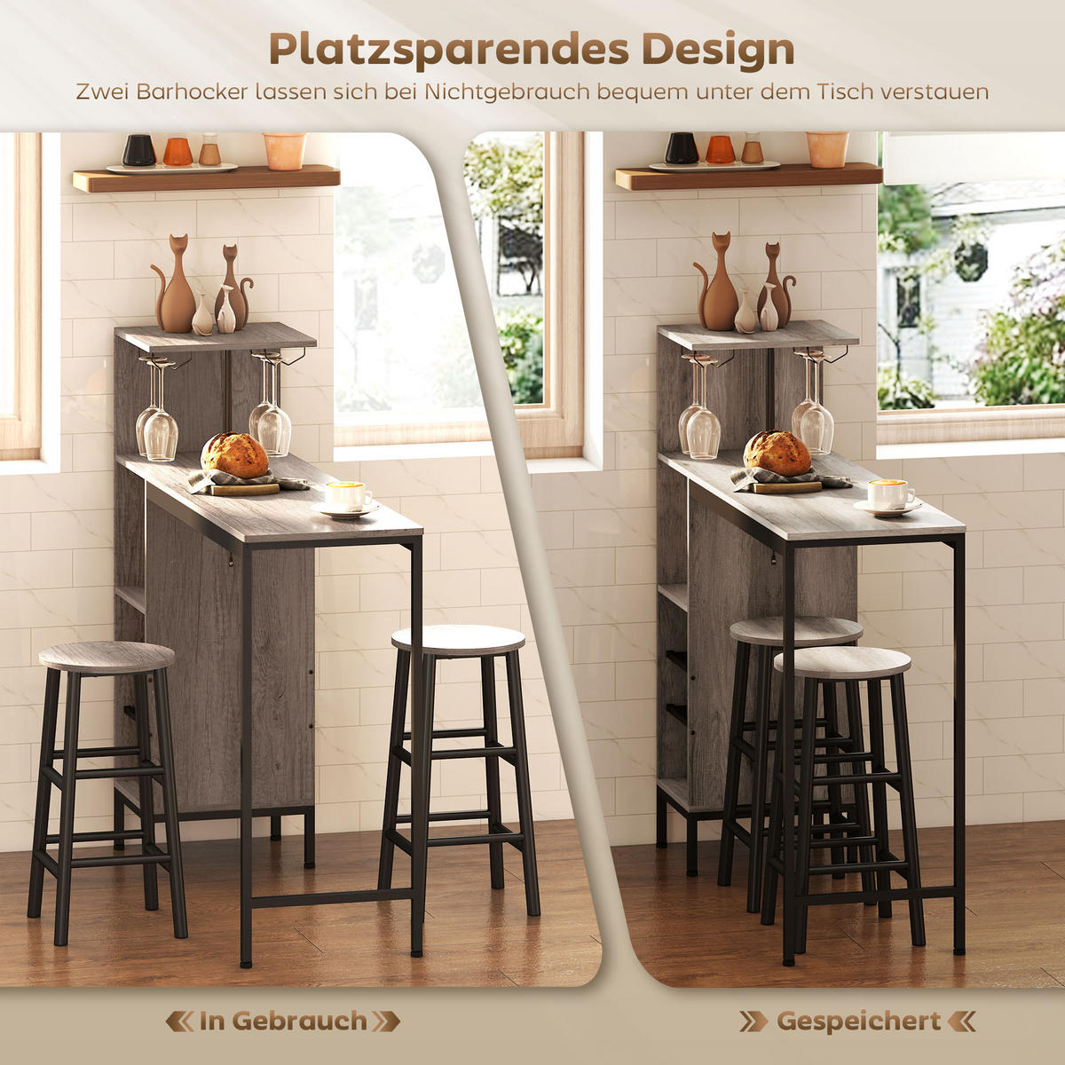 BARTISCH mit Barhocker Set Tresentisch mit 2 Stühlen mit Fußstütze, Grau - Grau, Holzwerkstoff (40/122/121.5cm) - HOMCOM