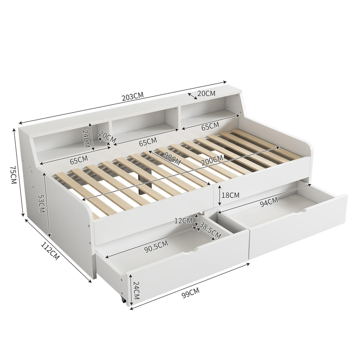 TAGESBETT 90/200 cm weiß mit zwei Schubladen und Staufach - Weiß, Holz (90/200cm) - OKWISH