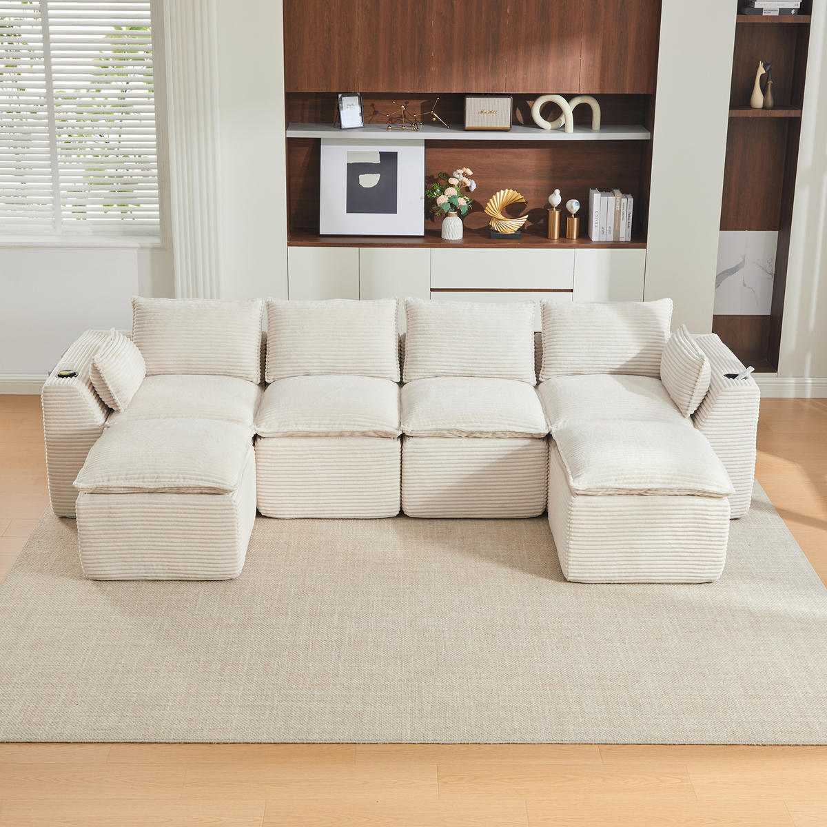4-SITZER-SOFA aus Chenille, modular mit 2 Fußhockern und Getränkehaltern - Beige, Textil (322/75/161cm) - Urban Meuble