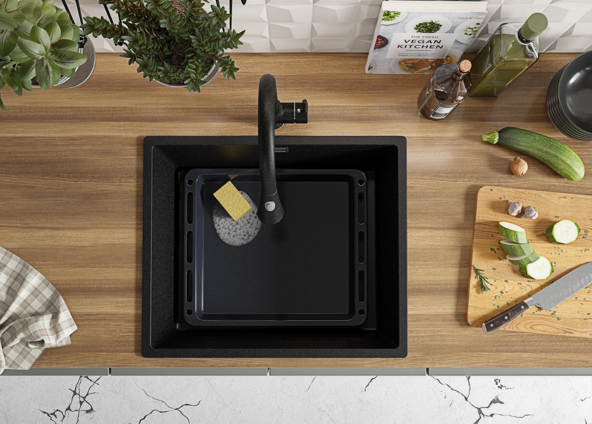 SPÜLBECKEN London Slim, 2-er set Anthrazit 56/47 cm 1 Becken + Ablauf-Set ab 60er Unterschrank - Chromfarben/Anthrazit, Kunststoff (56/20/47cm) - Primagran