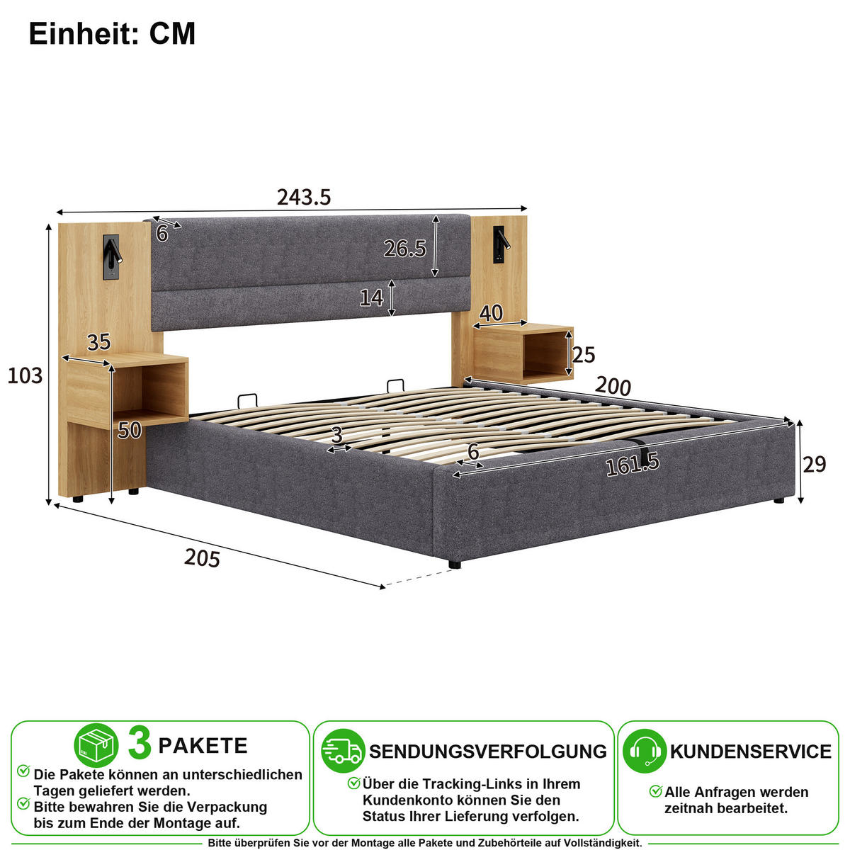 POLSTERBETT 160/200 cm in Grau & Natur mit Bettkasten, USB, LED und 2 Nachttischen Samt - Grau, Holzwerkstoff/Textil (160/200cm) - CHICFURN