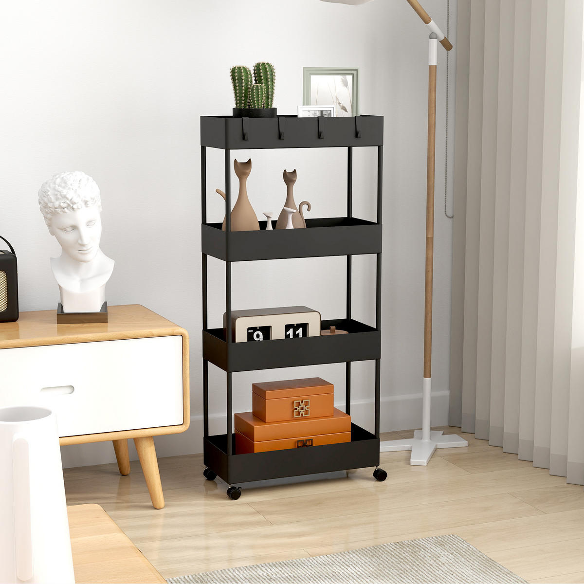 ROLLWAGEN mit 4 Ebenen, Kunststoff, Schwarz, 40 x 19 x 90 cm - Schwarz, Metall (40/90/19cm) - HOMCOM