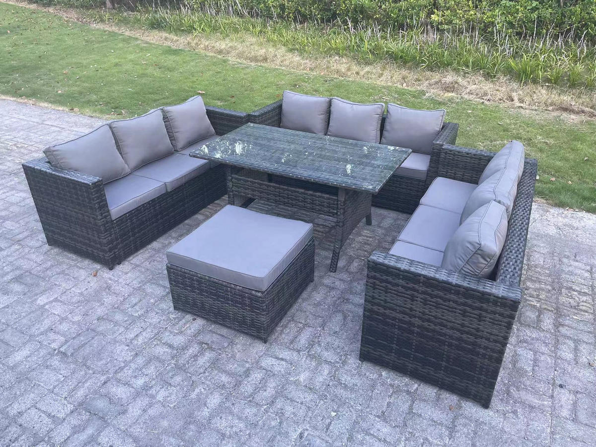 GARTENMÖBEL SET mit Hocker,Esstisch Polyrattan 10-Sitzer - Dunkelgrau/Grau, Glas/Kunststoff - Fimous